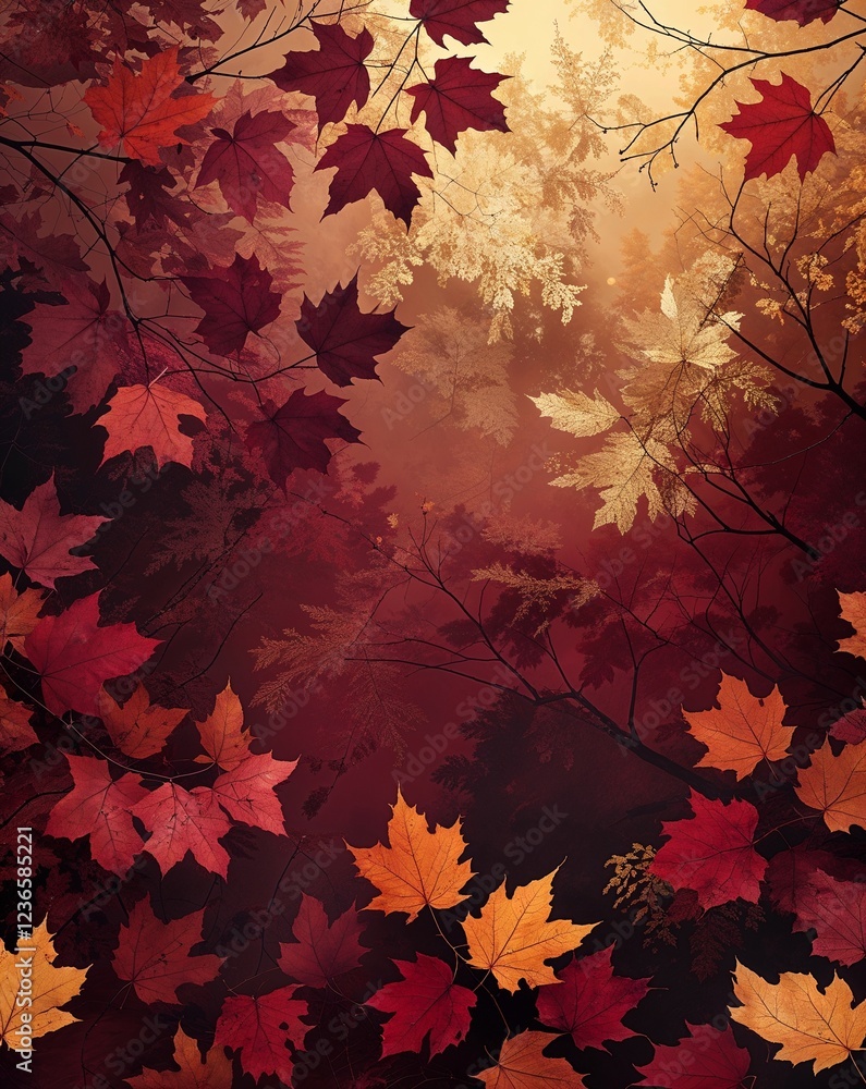 Poster deep burgundy and soft gold with abstract textures of autumn leaves and tree branches abstract autum