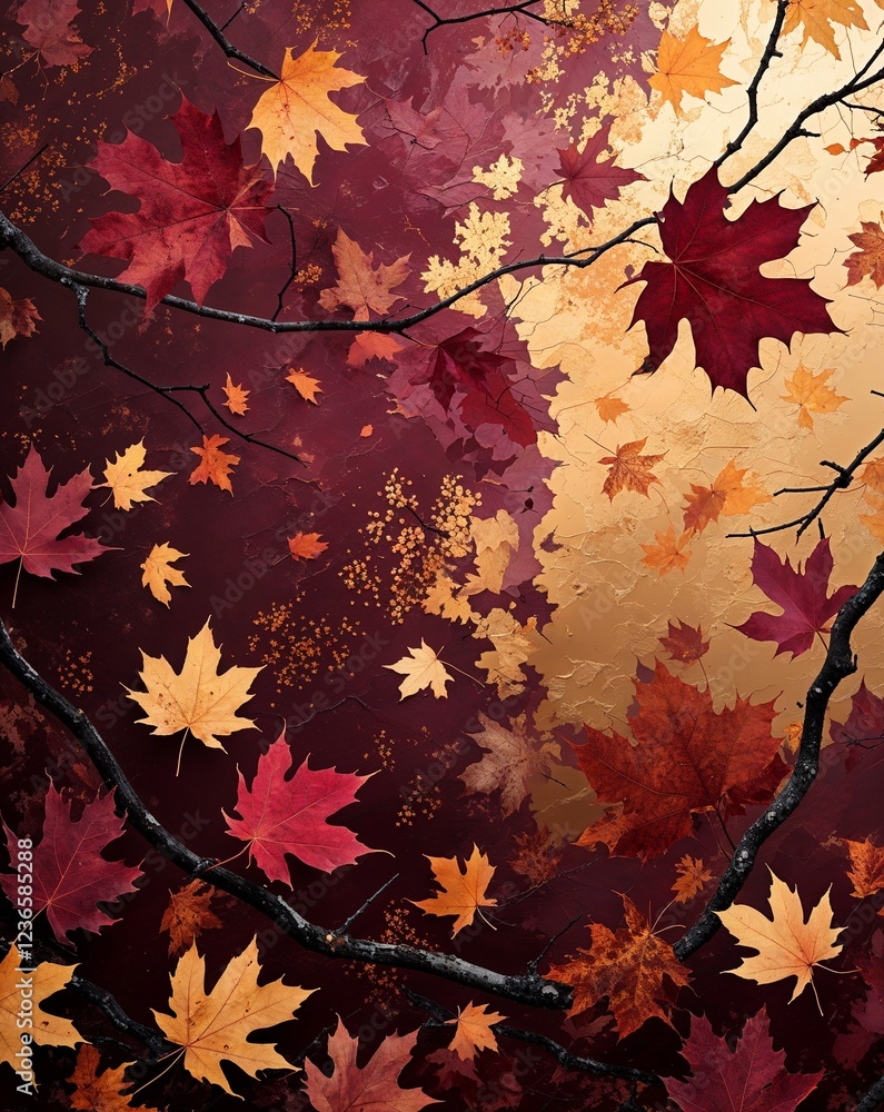 Poster deep burgundy and soft gold with abstract textures of autumn leaves and tree branches abstract autum