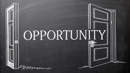 Chalk Drawing of Open Door Representing New Paths in Education Opportunity on Blackboard