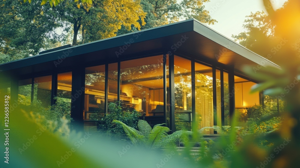 Poster modern glass house surrounded by lush greenery in a serene forest setting during golden hour showcas
