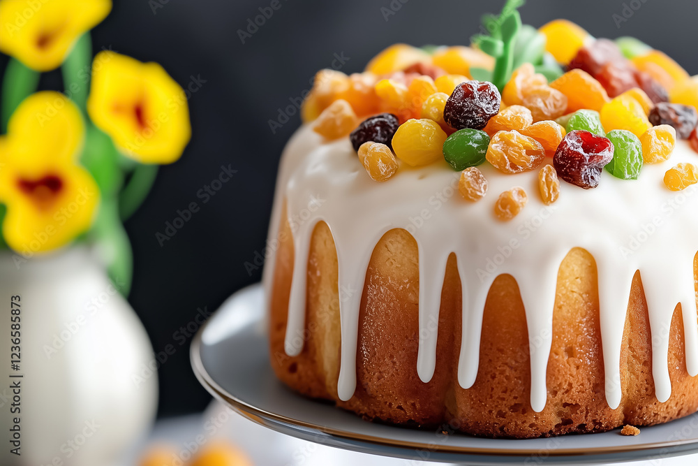 Poster a detailed view of an easter kulich with creamy icing and an array of vibrant dried fruits on top cr