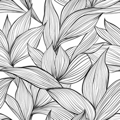 Detailed black and white illustration of overlapping leaves with intricate patterns.