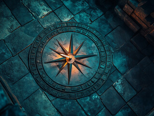 Ancient Compass Rose on Weathered Stone Floor