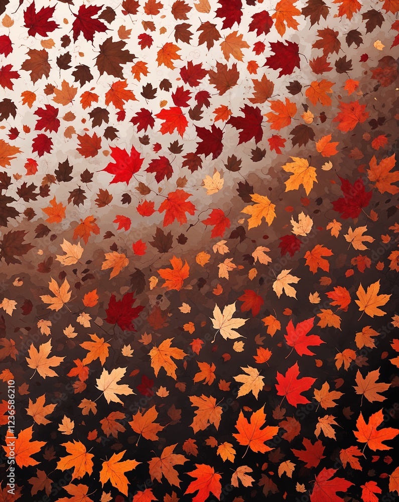 Poster dusty brown and muted red with abstract patterns of autumn leaves scattered and swirling in the wind