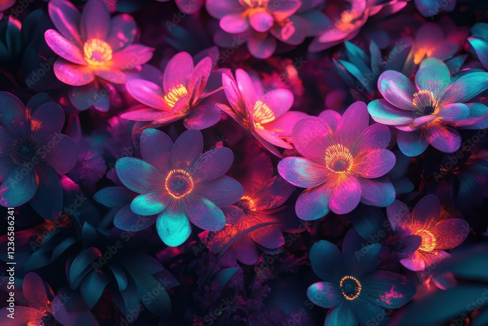 Poster colorful glowing flowers illuminated against a dark backdrop create a vibrant, futuristic atmosphere