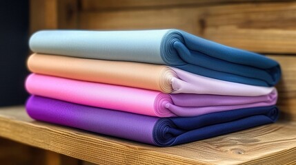 Fototapeta premium A stack of neatly folded acrylic fabric in various vibrant colors, displayed on a shelf in a fabric store, highlighting its versatility.