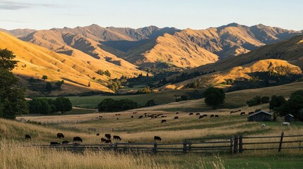 Obraz premium Golden Hour Cattle Grazing Mountain Valley Pasture
