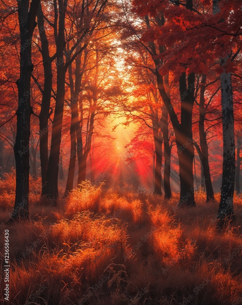 Poster earthy brown and rusty red with soft glowing light effects shining through autumn trees abstract aut