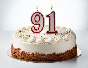 Decorated white cake for birthday or anniversary party, candle number 91, white background