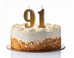 Decorated white cake for birthday or anniversary party, candle number 91, white background