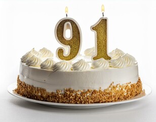 Decorated white cake for birthday or anniversary party, candle number 91, white background