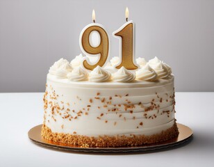 Decorated white cake for birthday or anniversary party, candle number 91, white background