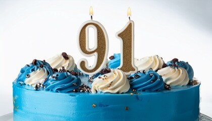 Decorated blue cake for birthday or anniversary party, candle number 91, white background