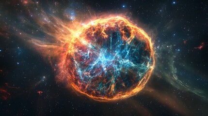 Obraz premium Breathtaking cosmic explosion in the vast expanse of the universe showcasing a vibrant and dynamic celestial spectacle of fiery bursts luminous plasma and interstellar stardust