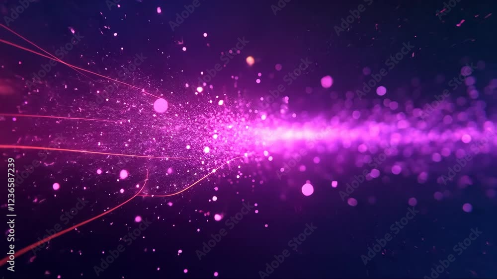 Poster purple line of sparkles is floating in the air above a blue background. the sparkles are small and s