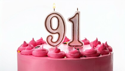 Decorated pink cake for birthday or anniversary party, candle number 91, white background