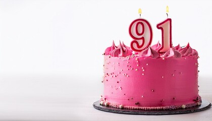 Decorated pink cake for birthday or anniversary party, candle number 91, white background