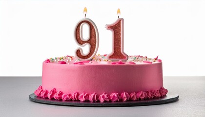 Decorated pink cake for birthday or anniversary party, candle number 91, white background