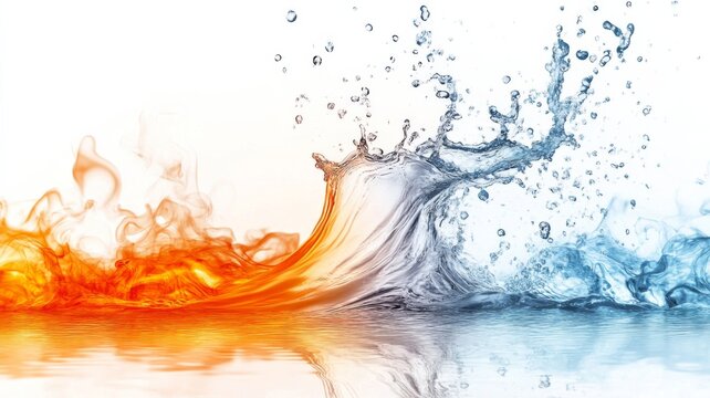 Dynamic water splash combined with fiery effect on a clean white background showcasing contrasting elements of nature