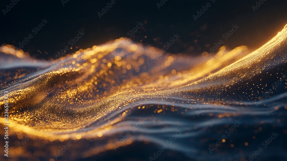 Poster abstract shimmering golden waves moving across a dark background with bright bokeh effect