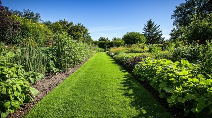 A row of bean plants growing in a well-maintained garden under a clear blue sky.