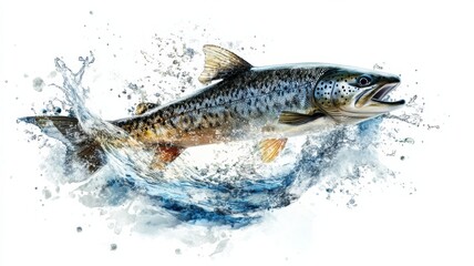 Obraz premium Vibrant fish leaps through water splash in watercolor style, capturing the essence of nature's beauty and fluid motion against a white background