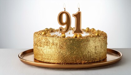 Decorated gold cake for birthday or anniversary party, candle number 91, white background