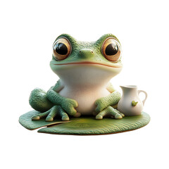 Fluffy 3D Cartoon Frog Sitting on a Leaf Isolated on Transparent Background