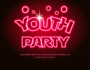 Vector Glowing invitation Youth Party. Illuminated Led Font. Red Neon Alphabet Letters and Numbers set. 