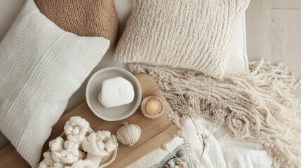 Cozy Autumnal Still Life with Knitted Pillows, Candle, and Natural Decor
