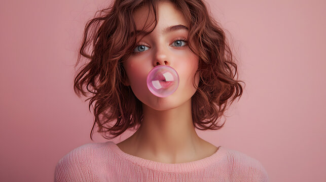Playful Young Woman Blowing Pink Bubble Gum - Trendy Portrait on Soft Pink Background