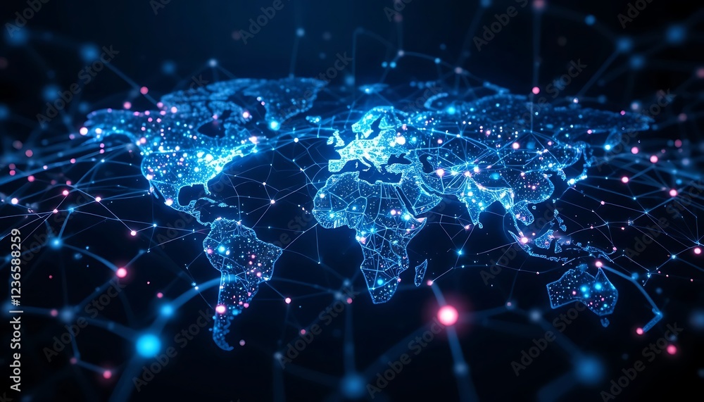 Poster global network: a luminous blue world map in abstract style