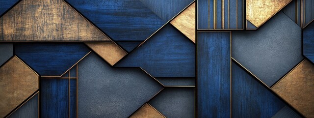 Abstract Geometric Blue and Gold Wooden Texture Background Design for Modern Interior Decoration