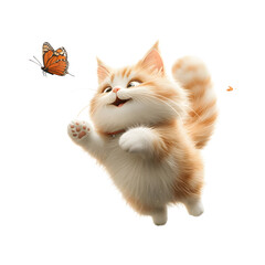 Fluffy 3D Cartoon Cat Jumping with Butterfly Isolated on Transparent Background