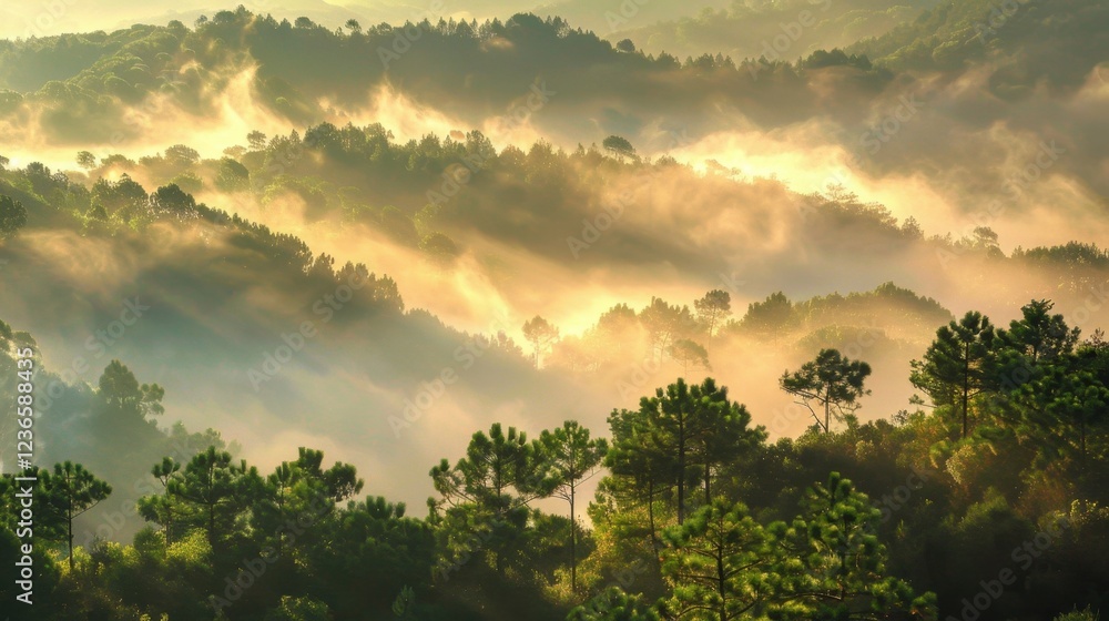 Poster Misty forest landscape with tall pine trees and dense fog creating an enchanting atmosphere in the early morning hours