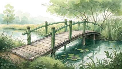 Fototapeta premium green old bamboo bridge over wetlands pond illustration water color style with white background jpg