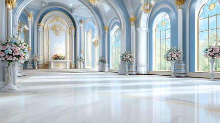 Fototapeta premium Elegant Blue Grand Ballroom Wedding Venue with Floral Decorations and Marble Floor