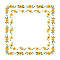 Fototapeta premium Floral square frame of bright yellow and lilac flowers, green leaves. Frame isolated on white background with copy space.