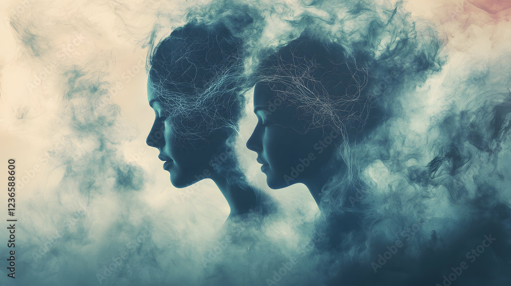 Poster a digital composite illustrating mental health complexities with neural patterns and swirling mist e