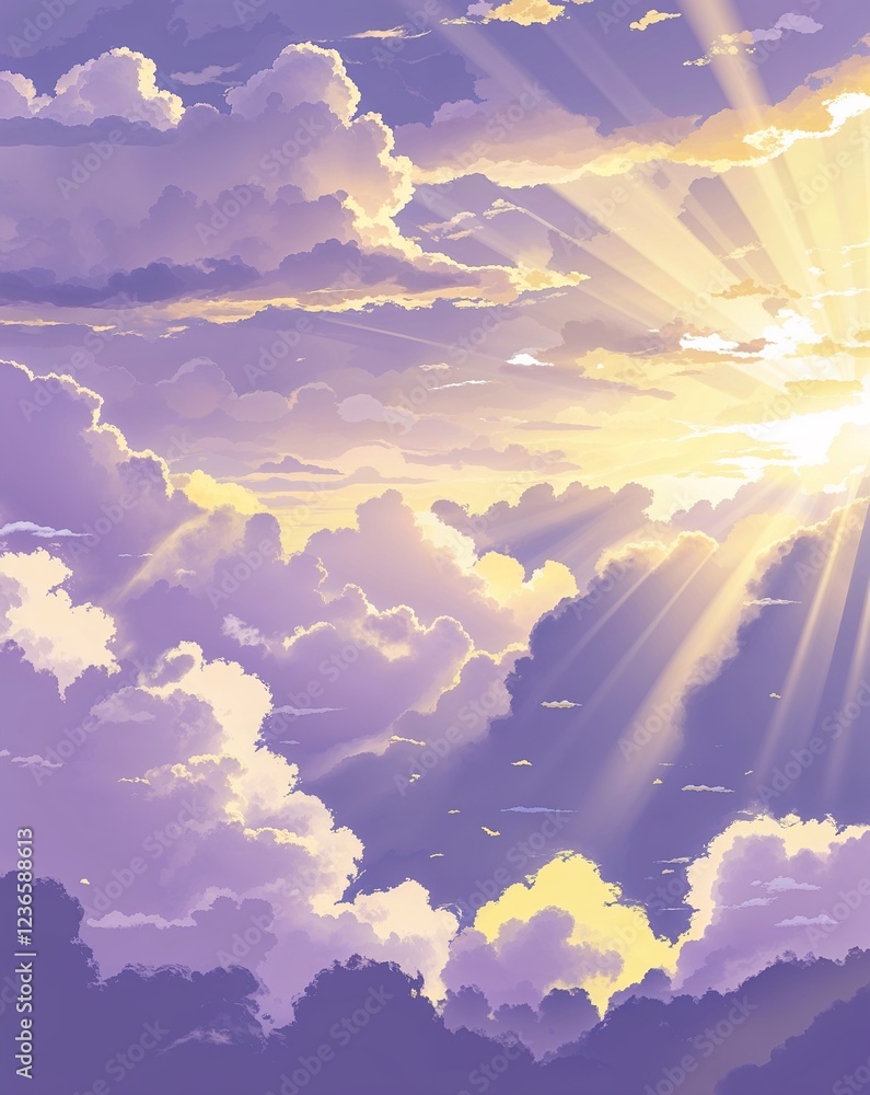 Poster light lavender and pale yellow with soft light rays breaking through the clouds abstract spring seas