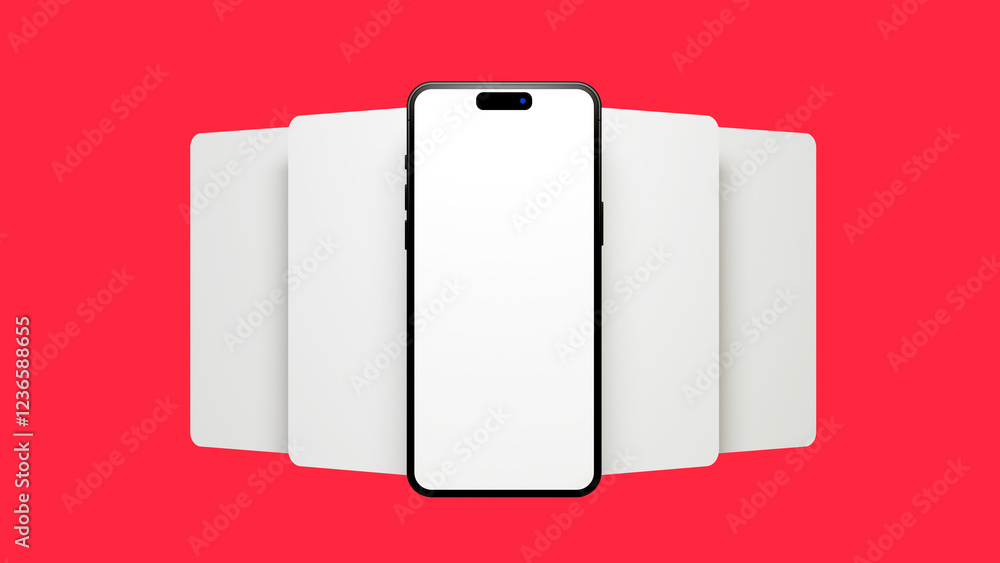 Poster ui or ux smartphone mobile app template mock up on red background. smartphone and blank frames templ