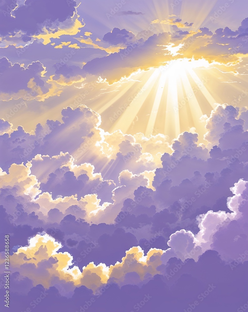 Poster light lavender and pale yellow with soft light rays breaking through the clouds abstract spring seas