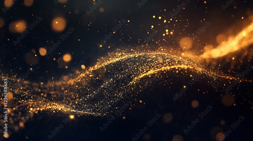 Poster golden particles flow with a smooth wave-like shape against a dark backdrop