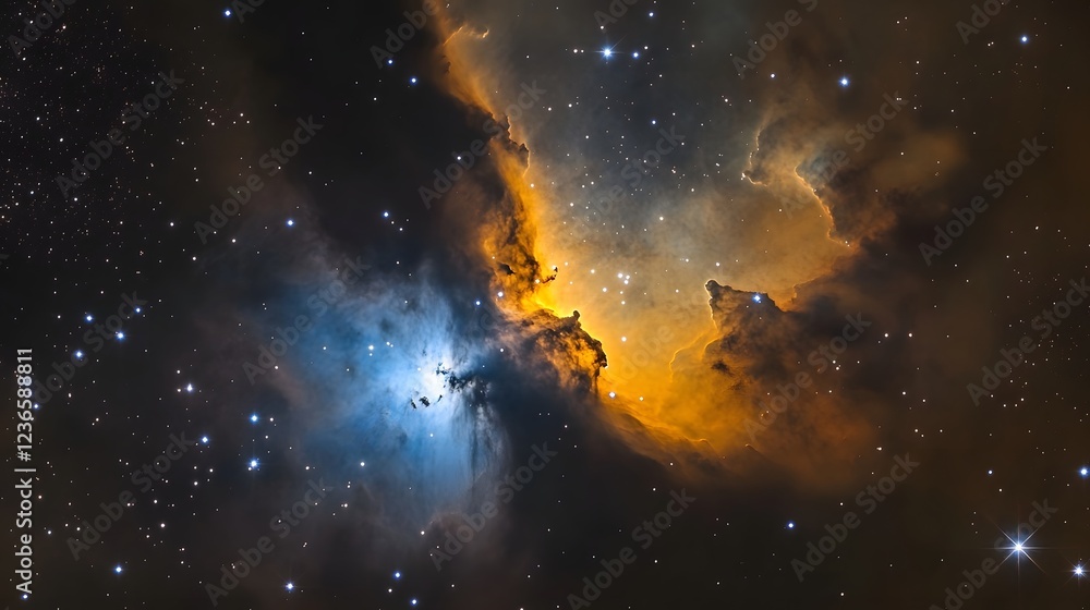 Poster captivating image of a dramatic fiery cosmic explosion in a starry night sky glowing luminescent neb