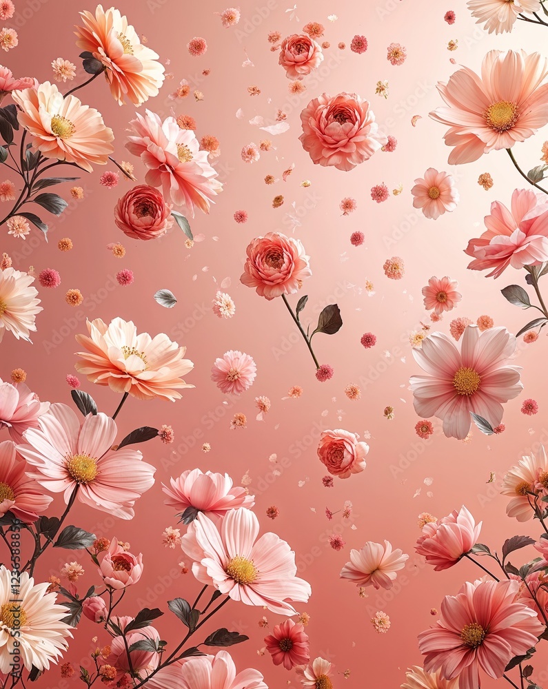 Poster light peach and blush tones with abstract floral patterns floating through the air abstract spring s