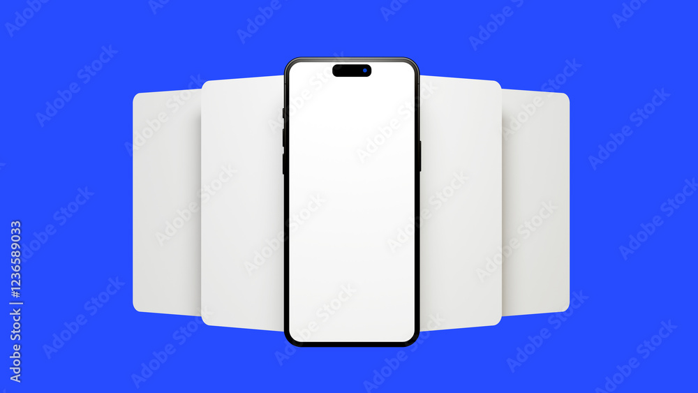 Poster ui or ux smartphone mobile app template mock up on blue background. smartphone and blank frames temp