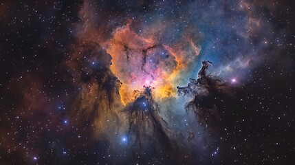 Fototapeta premium Captivating image showcasing a mesmerizing cosmic explosion within a vibrant iridescent galactic nebula The scene is filled with swirling gas dust and plasma