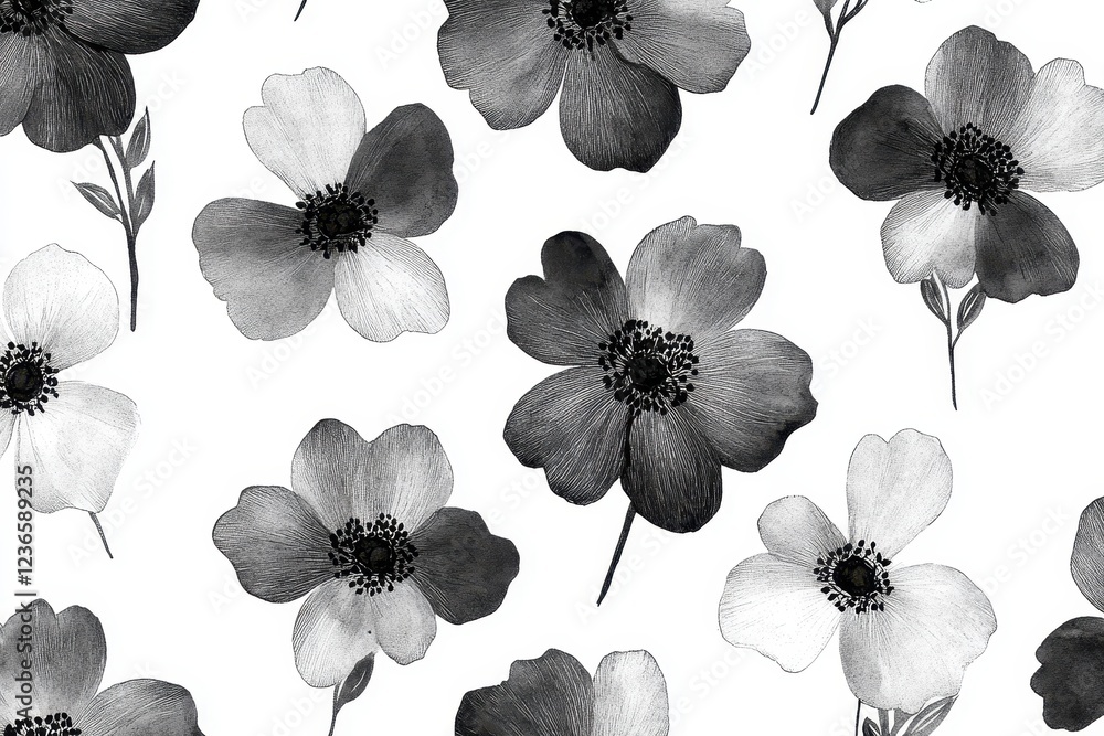 Poster black and white floral pattern featuring delicate flowers and leaves on a light background suitable 