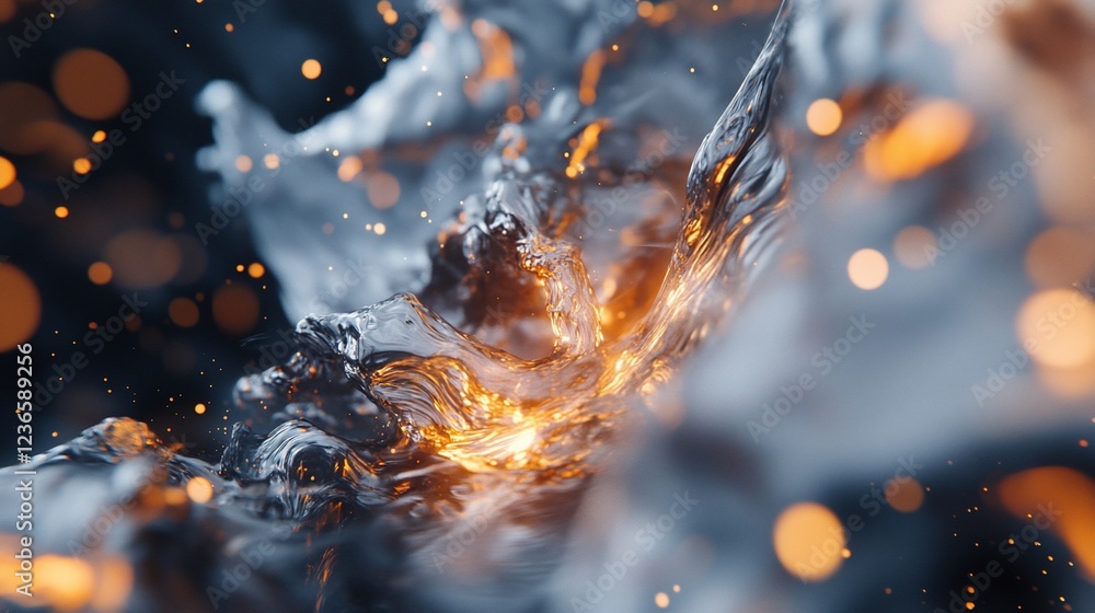 Poster abstract rendering of flowing liquid with glowing particles and bokeh effect