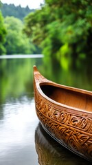 Ceremonial Maori canoe reflects on the calm river during Waitangi Day